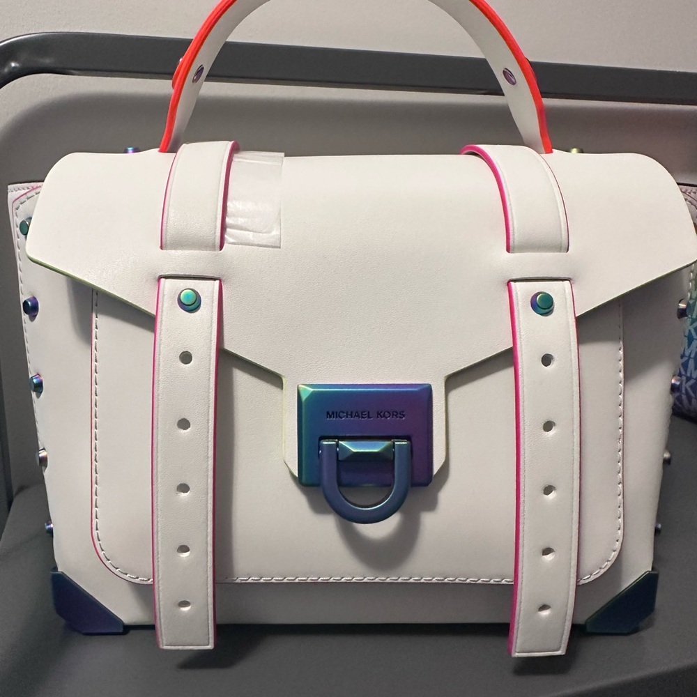 Micheal Kors White leather purse with Rainbow hardware and colourful accents